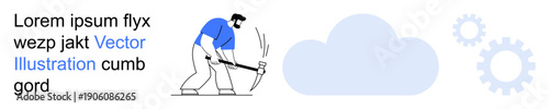Data analysis, cloud storage, digital technology, mining resources, IT services, artificial intelligence. Person using a pickaxe near a cloud and gears. Data analysis and cloud storage concept