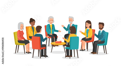 Group discussion meeting with diverse participants seated in a circle, engaging in conversation and sharing ideas in a collaborative environment from a top viewpoint