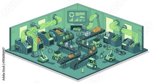 Industrial robots working together in a factory setting with machinery and equipment around them from an aerial viewpoint