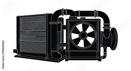 Detailed depiction of an industrial ventilation system showcasing its components in a stark black silhouette high quality professional detailed modern elegant stylish