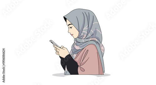A woman wearing a scarf is intently using her mobile phone in a serene environment