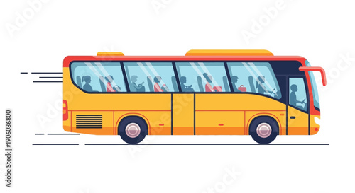A vibrant yellow tour bus filled with passengers travels quickly down a road depicted as a silhouette high quality professional detailed modern