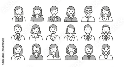 Diverse group of professional men and women avatars in a clean line art style.