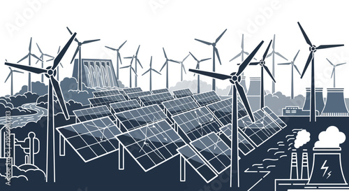 Renewable energy sources including wind turbines and solar panels.