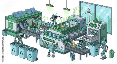 Sustainable factory with robots working on renewable energy technology in a modern facility viewed from above