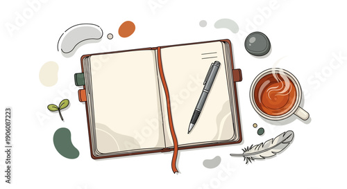 A journal with a pen lies open on a desk surrounded by coffee and abstract shapes from an overhead viewpoint