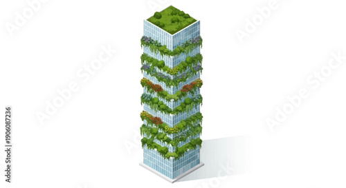 Modern skyscraper with lush greenery on every floor viewed from a low angle against a clean background