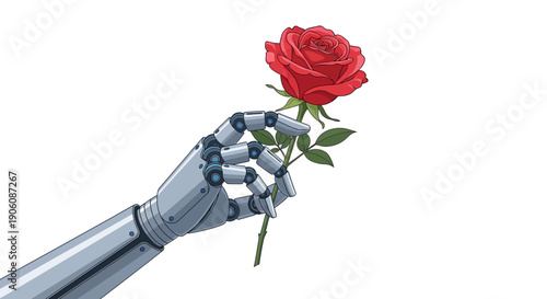 A robotic hand holding a red rose, symbolizing technology and love in a digital illustration