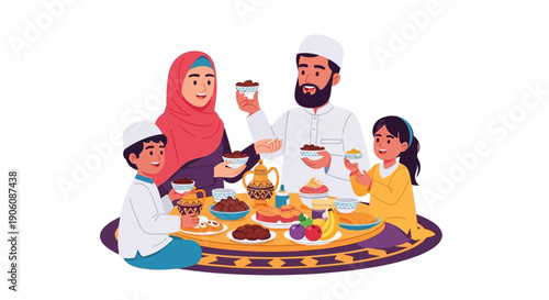 Family Gathering During Ramadan Celebration with Traditional Food and Drinks on a Decorative Rug