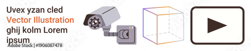 Surveillance, technological systems, 3D modeling, digital media, video playback, futuristic concepts. Security camera, 3D wireframe cube and play button icon. Surveillance and technological systems
