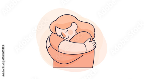 A serene illustration of a person embracing themselves with a warm smile