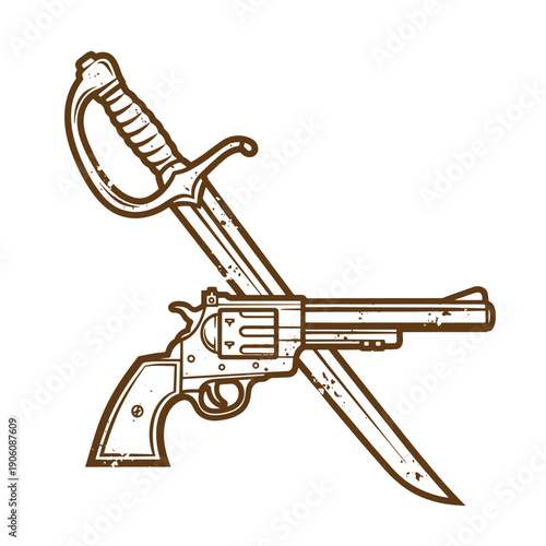 Vintage Grunge A drawing of a revolver and a sword crossed over each other in brown lines and shading on a white background