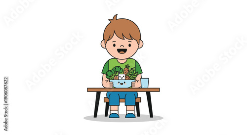 A cheerful young boy happily enjoys a colorful and healthy bowl of vegetables at a wooden table silhouette high quality professional detailed