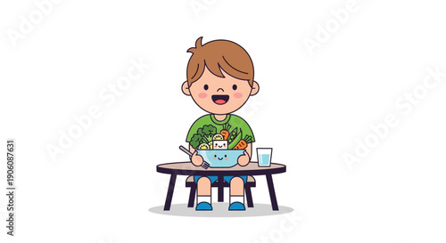 A young boy cheerfully enjoys a colorful bowl of healthy vegetables and fruit at a small table silhouette high quality professional detailed