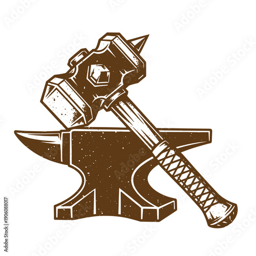 Vintage Grunge brown illustration of hammer and anvil on white background for industrial or crafting concepts