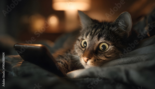 A tabby cat is lying on a bed in a dimly lit room, looking at a smartphone with a surprised expression, illuminated by the screens glow in the darkness