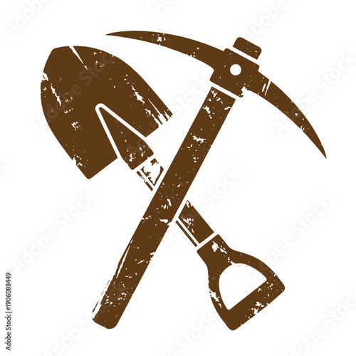 Vintage Grunge distressed illustration of pickaxe and shovel crossed tools for mining digging and excavation work equipment