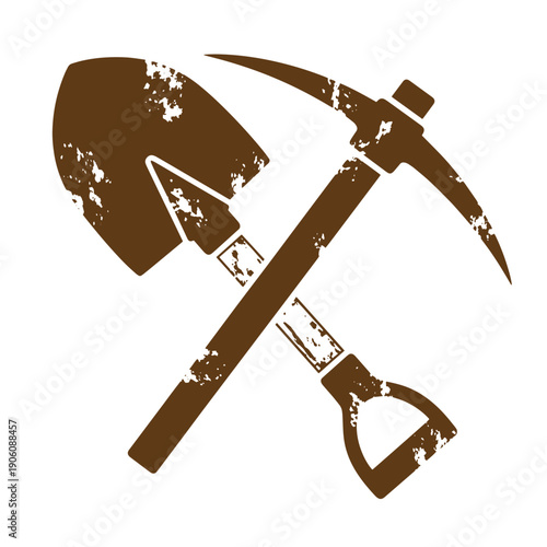 Vintage Grunge distressed illustration of pickaxe and shovel crossed on white background for mining or excavation concepts