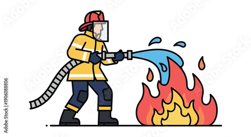 A brave firefighter in full gear powerfully directs water onto a vibrant stylized fire silhouette high quality professional detailed modern elegant stylish