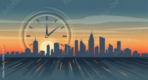 City skyline at sunset with clock in the foreground showing urban time concept