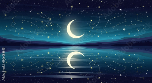 Crescent moon shining brightly in a starry night sky reflected on calm water surface with constellations