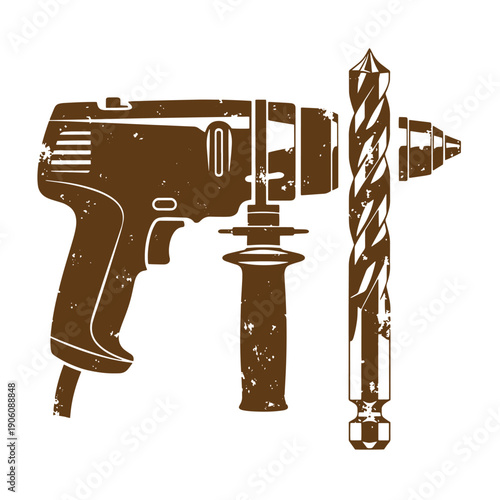 Vintage Grunge drill and drill bit on white background for construction and DIY projects and tools