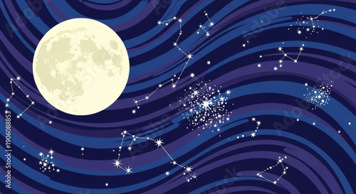 Moonlit night sky with swirling constellations and stars in purple blue waves