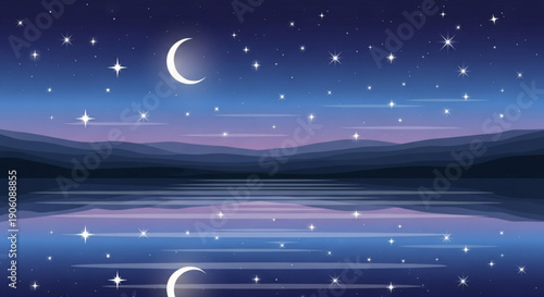 Serene night landscape with crescent moon stars and calm lake water reflecting mountains at dusk