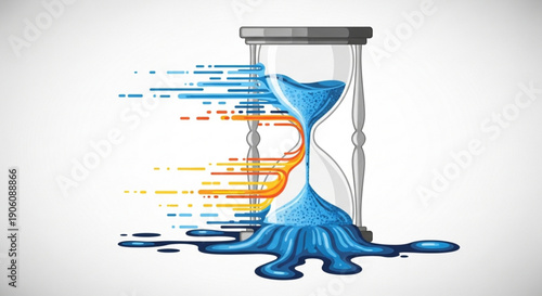 Melting hourglass with colorful liquid and motion lines on white background symbolizing time and urgency concepts