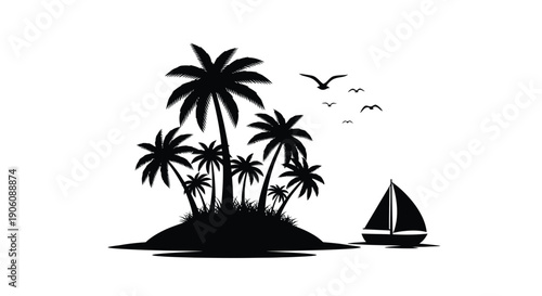 A tropical island scene with palm trees birds a sailboat and a striking black silhouette high quality professional detailed modern elegant stylish