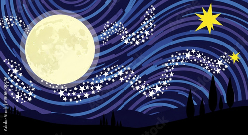 Night sky with full moon stars and swirling blue clouds serene landscape silhouette