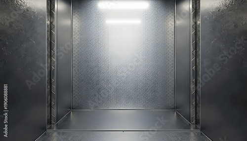 Empty metallic elevator interior with soft lighting and shadows  