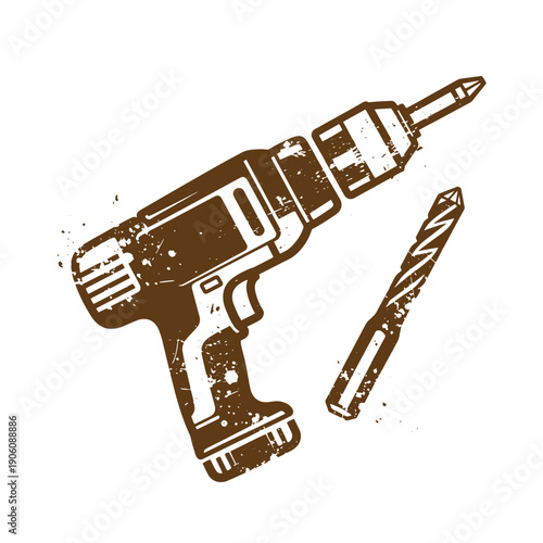 Vintage Grunge drill and screwdriver on white background for construction and DIY projects and tools