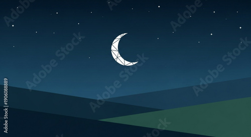 Crescent moon shines brightly in a dark night sky with stars and hills