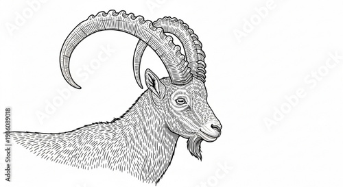 Detailed illustration of a majestic goat with large curved horns and beard set against a plain white background showcasing its distinctive