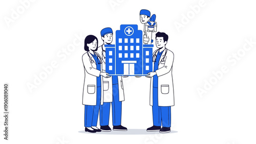 Medical Team with Building: A dedicated medical team, comprised of doctors and nurses, stands united as they hold up the depiction of a building.
