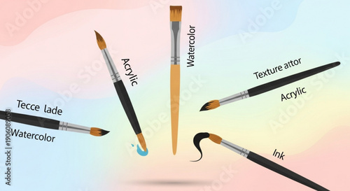 Various artistic paint brushes for different techniques on colorful background