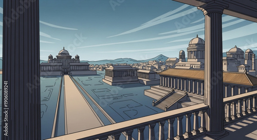 Ancient cityscape with buildings and domes viewed from a balcony with columns and railing on a sunny day with blue sky
