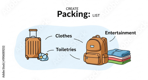 Packing list illustration with luggage backpack clothes toiletries and entertainment for travel preparation