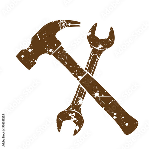 Vintage Grunge Grungy hammer and wrench crossed over each other in a distressed illustration style for repair and construction concepts