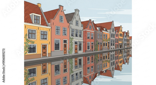 Colorful dutch houses line canal with reflections in calm water on a serene day