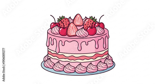 Delicious pink cake with strawberries and meringues on top decorated with icing and fresh fruit for dessert or celebration