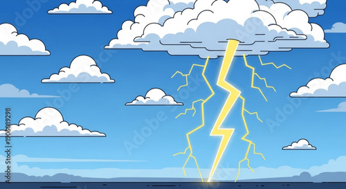 Electric stormy weather with lightning bolt striking ocean under cloudy blue sky