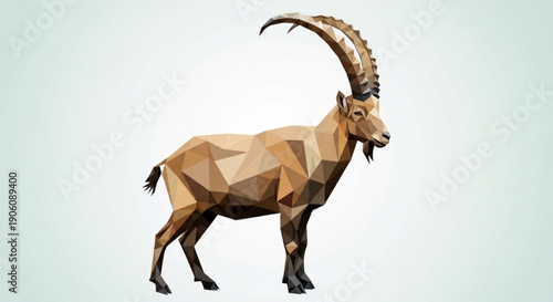 Geometric goat with large horns standing on white background in low poly art style