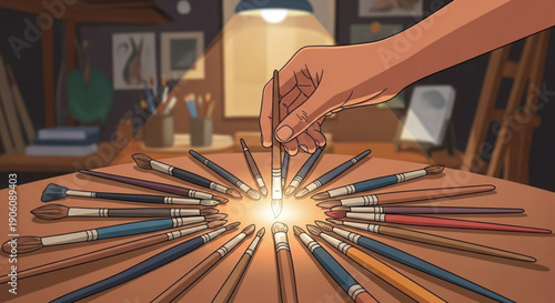 Artist's hand choosing paintbrush with glowing light on wooden desk in studio