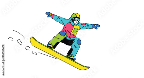 A vibrant illustration depicts a snowboarder mid air showcasing dynamic movement and colorful gear silhouette high quality professional detailed modern elegant stylish clean
