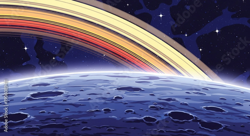Vibrant rainbow arches over cratered moon surface with stars in dark blue space background
