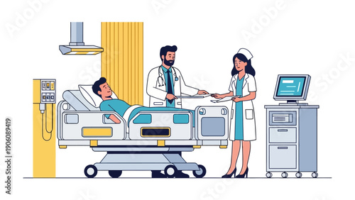 Hospital Scene: A medical team, consisting of a doctor and a nurse, provides care for a patient in a hospital room, utilizing medical equipment.