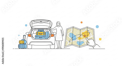 Woman packing car trunk with luggage for road trip consulting map for travel planning and navigation
