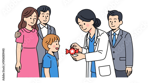 The Pediatric Gift: A compassionate pediatrician presents a child with a small token of encouragement, witnessed by supportive family members, in a scene that evokes trust and care.